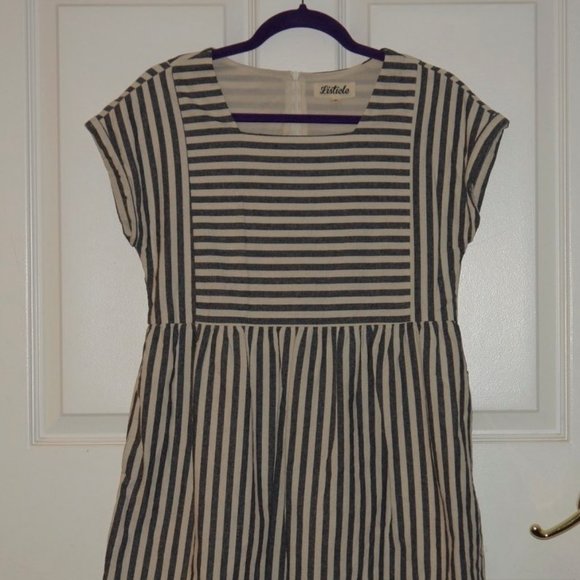 SOLD_____________Listicle Blue Ivory Stripes Babydoll Dress Small - Picture 2 of 7